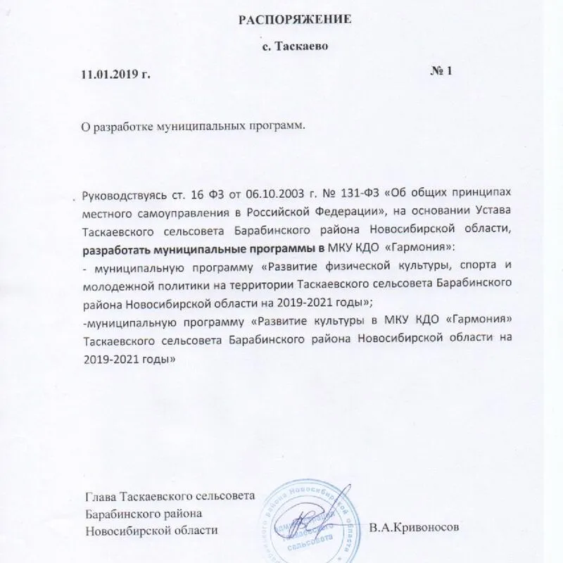 Распоряжение Главы Таскаевского сельсовета Барабинского района Новосибирской области О разработке Муниципальных программ.jpg